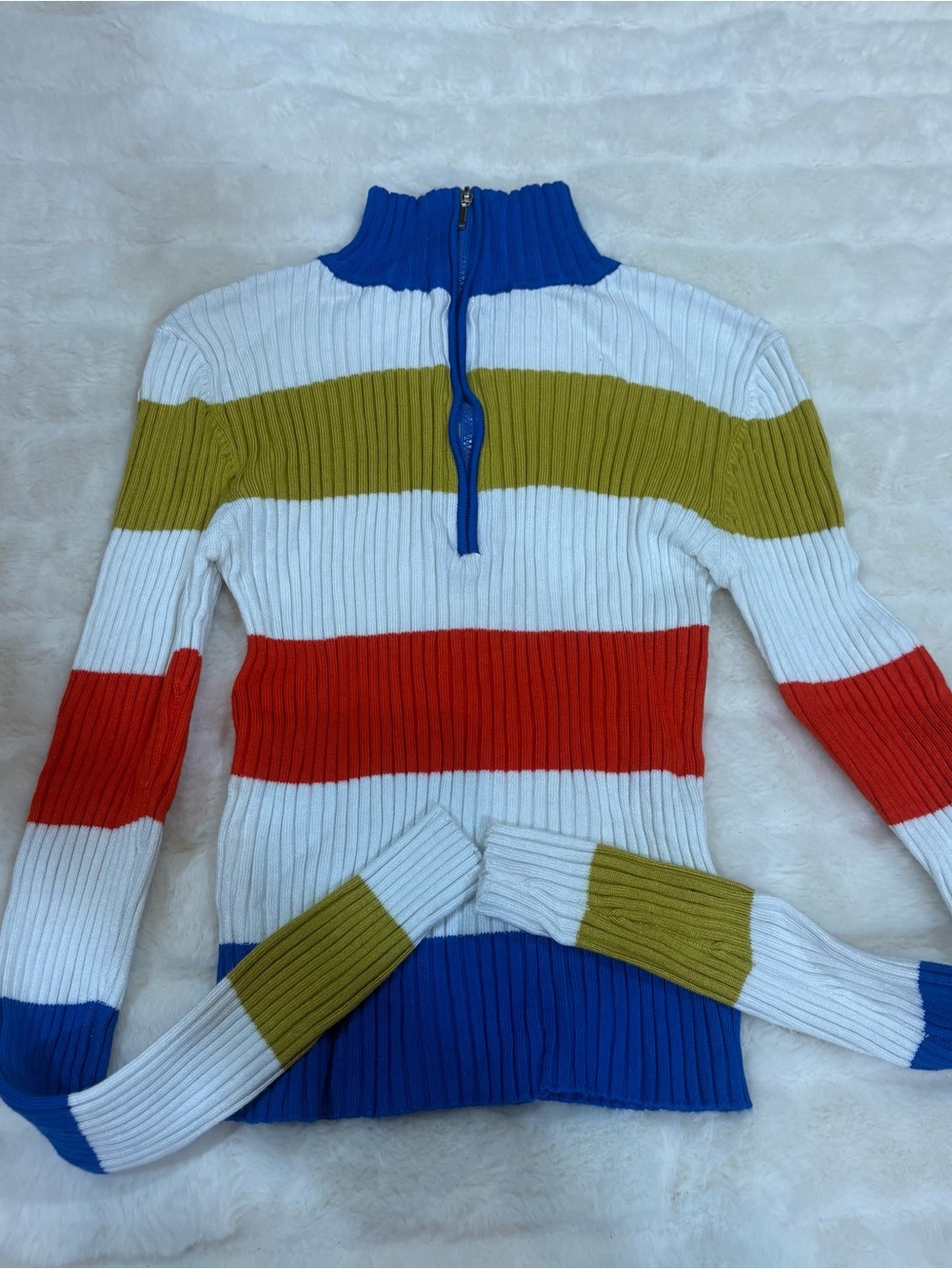 Urban Outfitters White Multicolor Striped Half-Zip Turtleneck Sweater